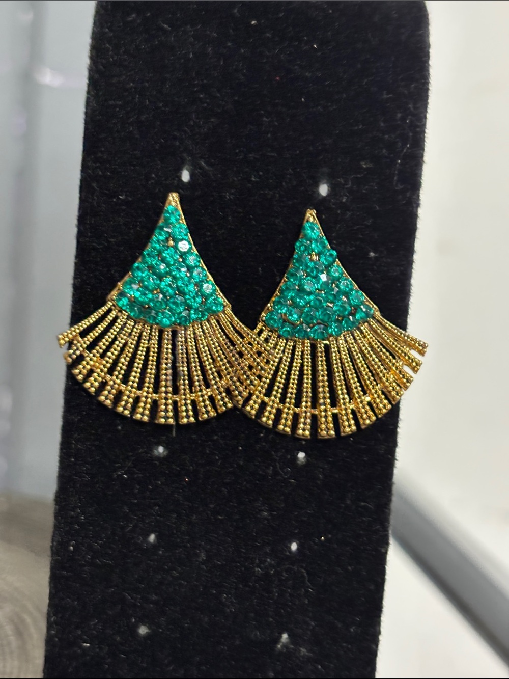 Gold Fan Fringe Earrings with Emerald Green Crystals